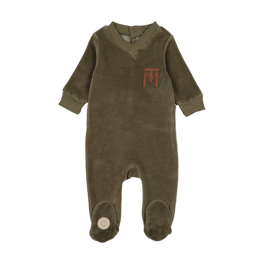 Mon Tresor V-Neck Emblem Footie- Sage