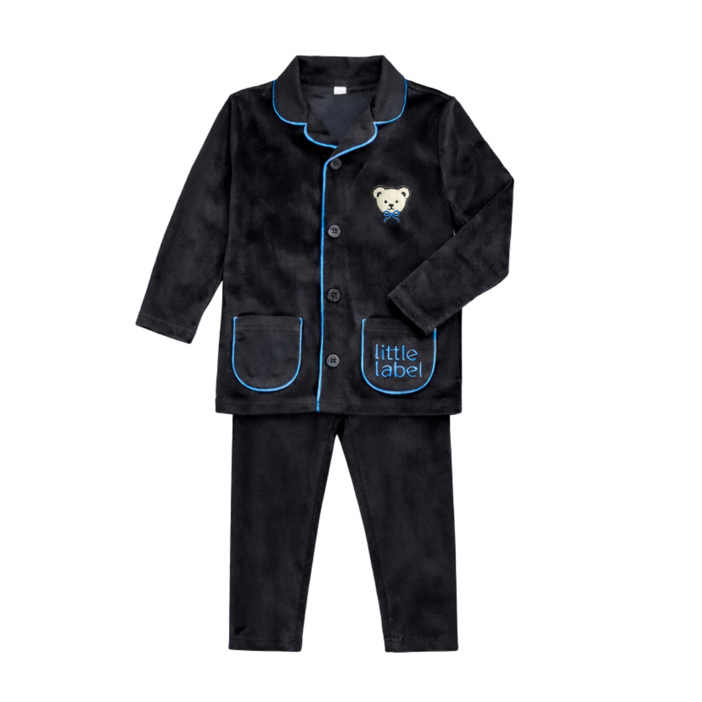 Little Label Velour Teddy Grandpa Pajama with Black/ Blue Piping