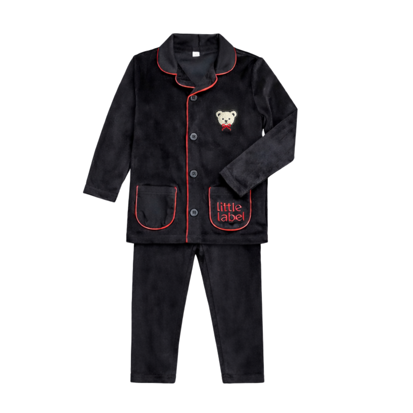 Little Label Velour Teddy Grandpa Pajama with Black/ Red Piping