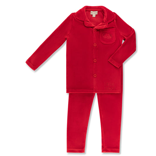 Little Label Velour Pocket Embroidered Grandpa Pajama - Girls