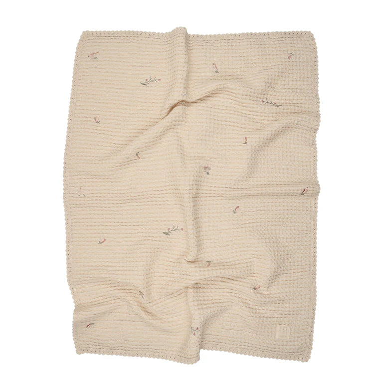 Peluche Floral Birds Embroidered Waffle Blanket - Pink