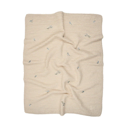 Peluche Floral Birds Embroidered Waffle Blanket - Blue