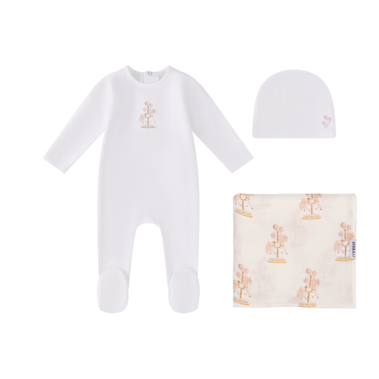 Mini Label White Water Print Carousel Layette Set- Girls