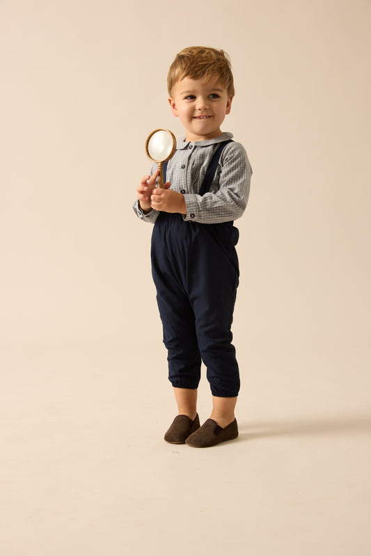 Lil Legs Plaid Edition Toddler Boys Shirt and Long Romper- Blue/Navy