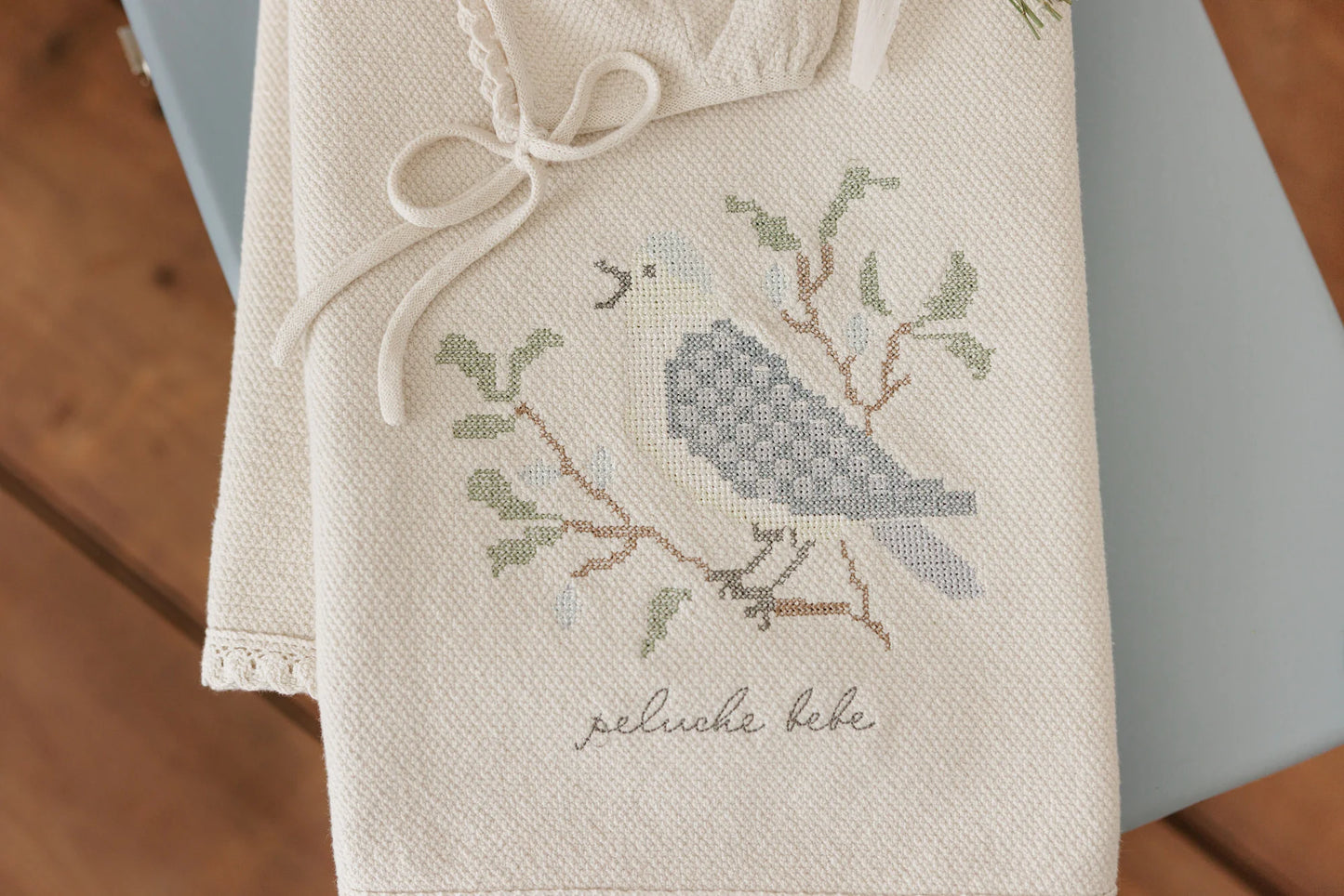 Peluche Knit Cross Stitch Blanket and Bonnet - Stone Blue