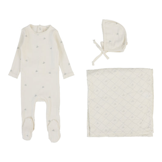 Lilette Printed Pointelle Layette Set-Cream/Blue Crown