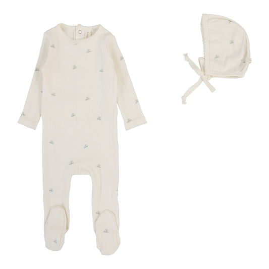 Lilette Printed Pointelle Footie+Hat-Cream/Blue Crown