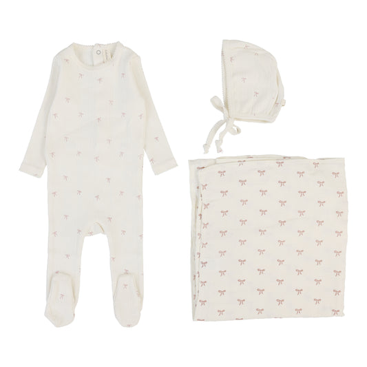 Lilette Printed Pointelle Bow Layette Set-Cream/Pink