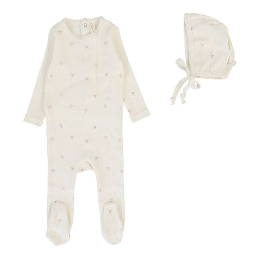 Lilette Printed Pointelle Bow Footie+Hat-Cream/Pink