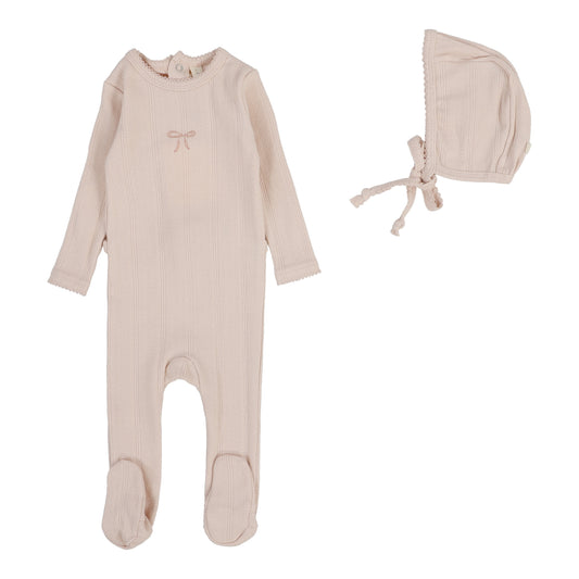Lilette Pointelle Graphic Bow Footie+Hat-Soft Pink