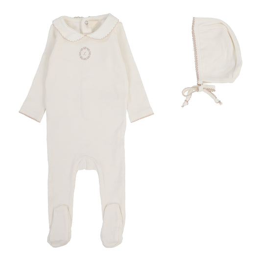 Lilette Emblem Embroidered Footie+Hat-Cream/Pink