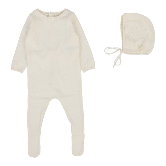Lilette Dotty Knit Footie+Hat-Cream