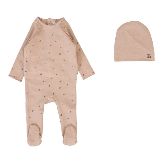 Lilette Cherry Print Footie+ Hat-Dusty Pink