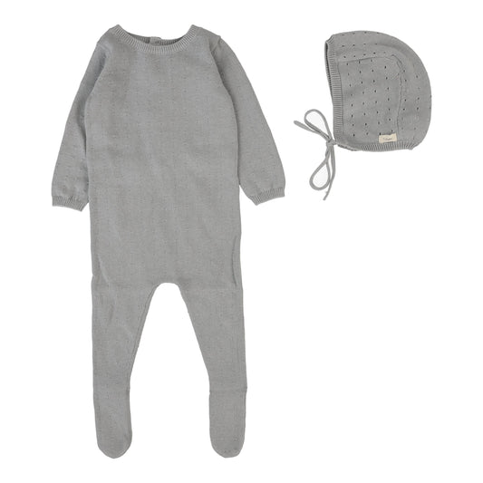 Lilette Dotty Knit Footie+Hat-Light Blue
