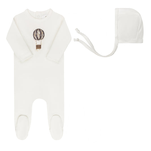 Aurora French Terry Hot Air Balloon Collection-Ivory/Blue - Footie + Bonnet