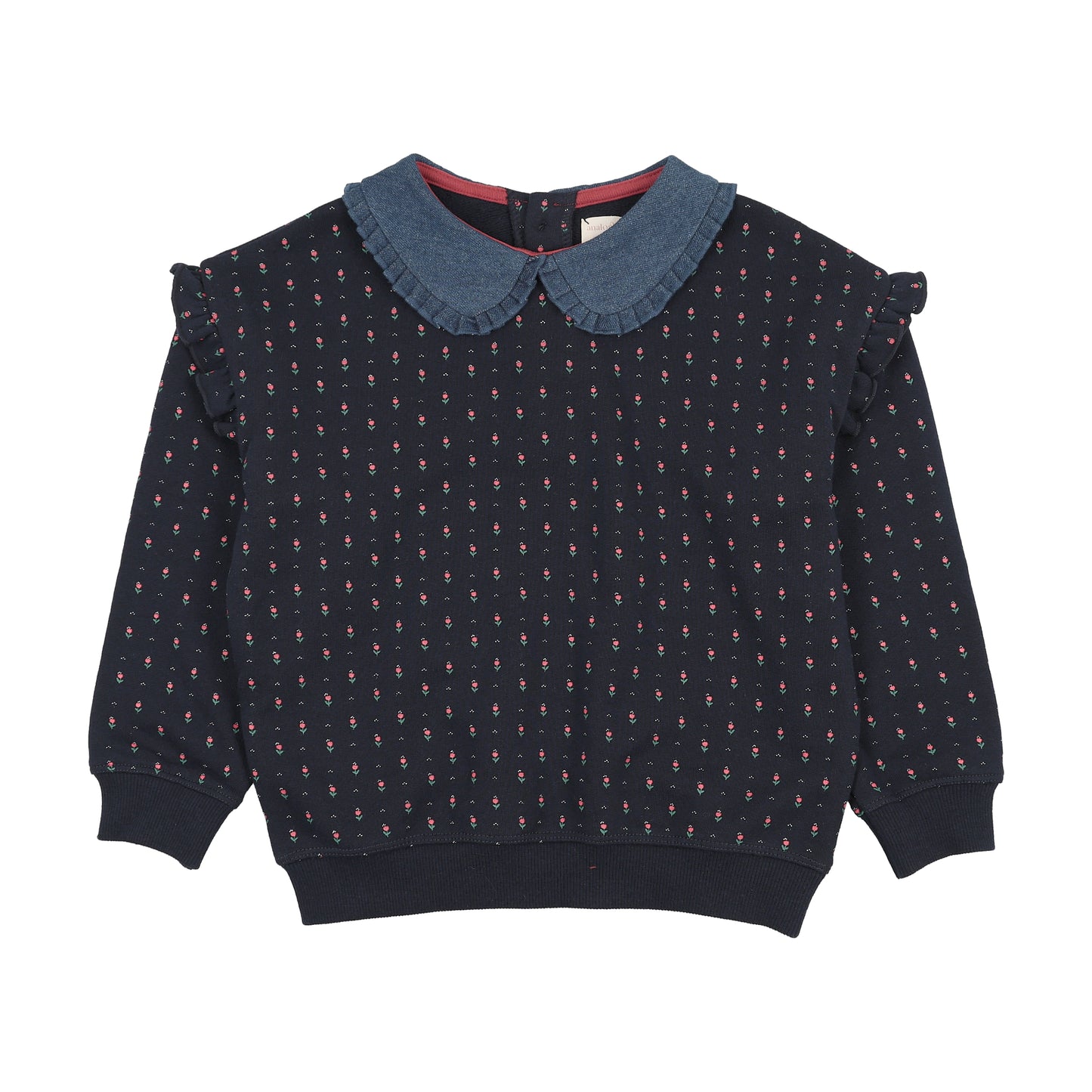 Lil Legs Sweet Campaign Denim Collar Ruffle Sweatshirt -Navy Print