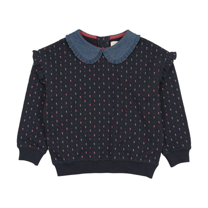 Lil Legs Sweet Campaign Denim Collar Ruffle Sweatshirt -Navy Print