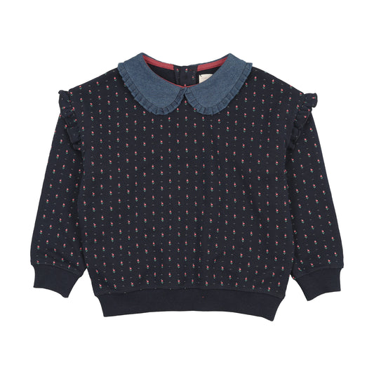 Lil Legs Sweet Campaign Denim Collar Ruffle Sweatshirt -Navy Print
