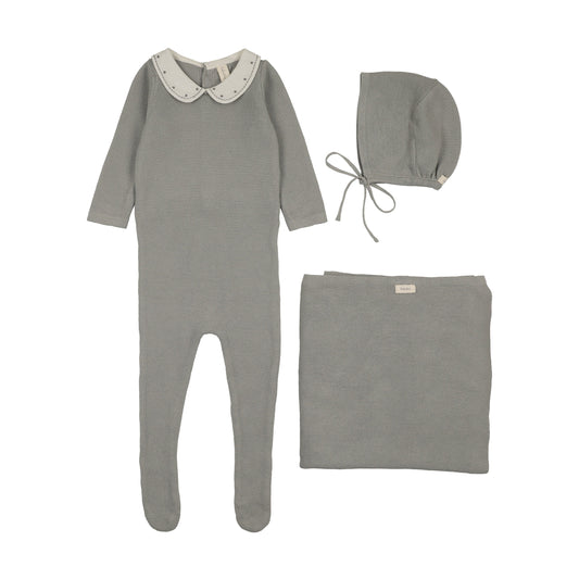 Lilette Embroidered Knit Collar Layette Set - Light Blue
