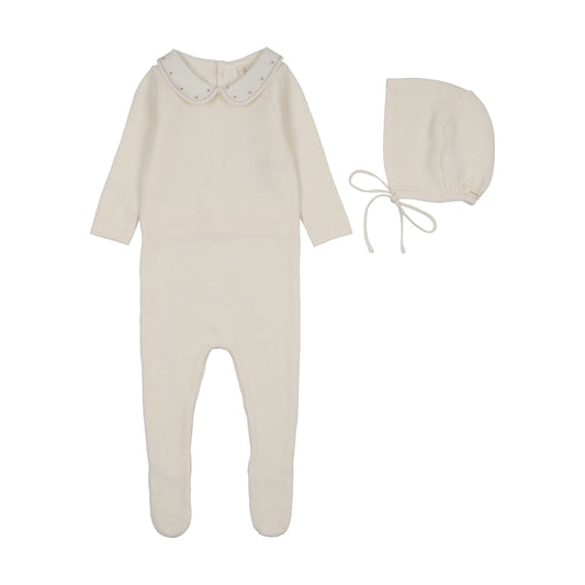 Lilette Embroidered Knit Collar Footie Set - Cream/Pink