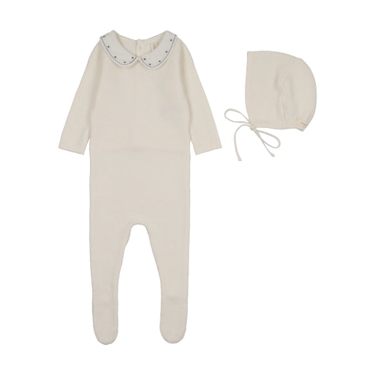 Lilette Embroidered Knit Collar Footie Set - Cream/Blue