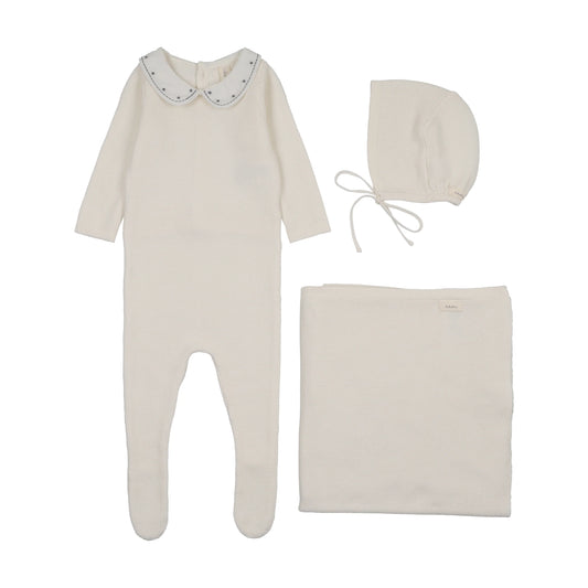 Lilette Embroidered Knit Collar Layette Set - Cream/Blue