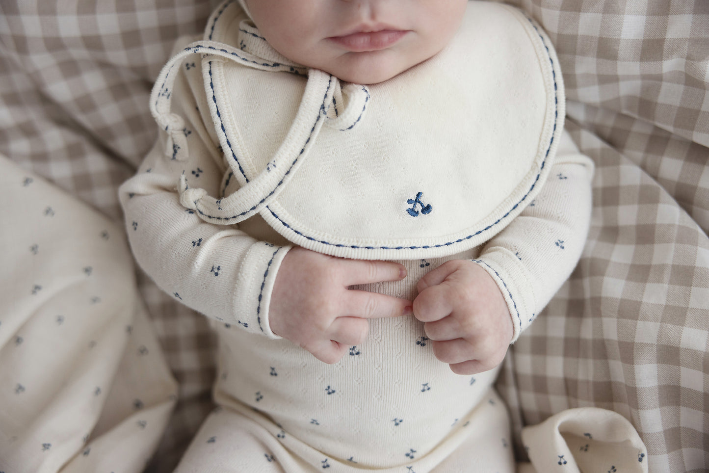 Lilette Cherry Scallop Footie+Hat- Cream/Blue