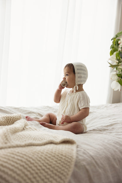 Lilette Crochet Knit Boy's Romper-Cream
