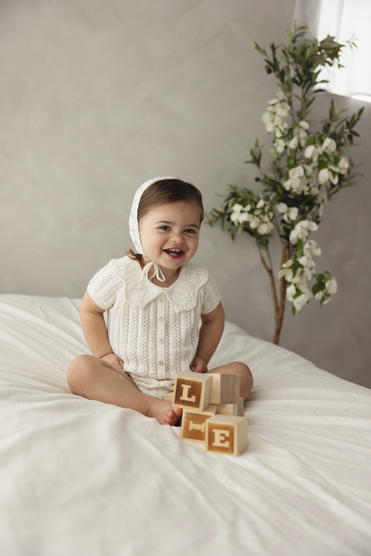 Lilette Crochet Knit Girl's Romper- Cream
