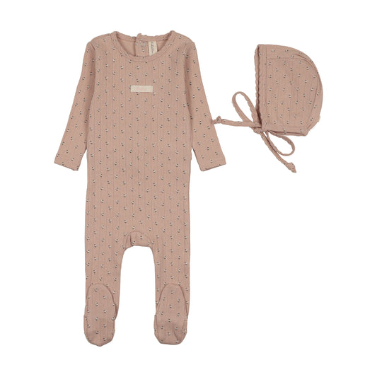 Lilette Floret Print Footie+Bonnet-Dusty Pink