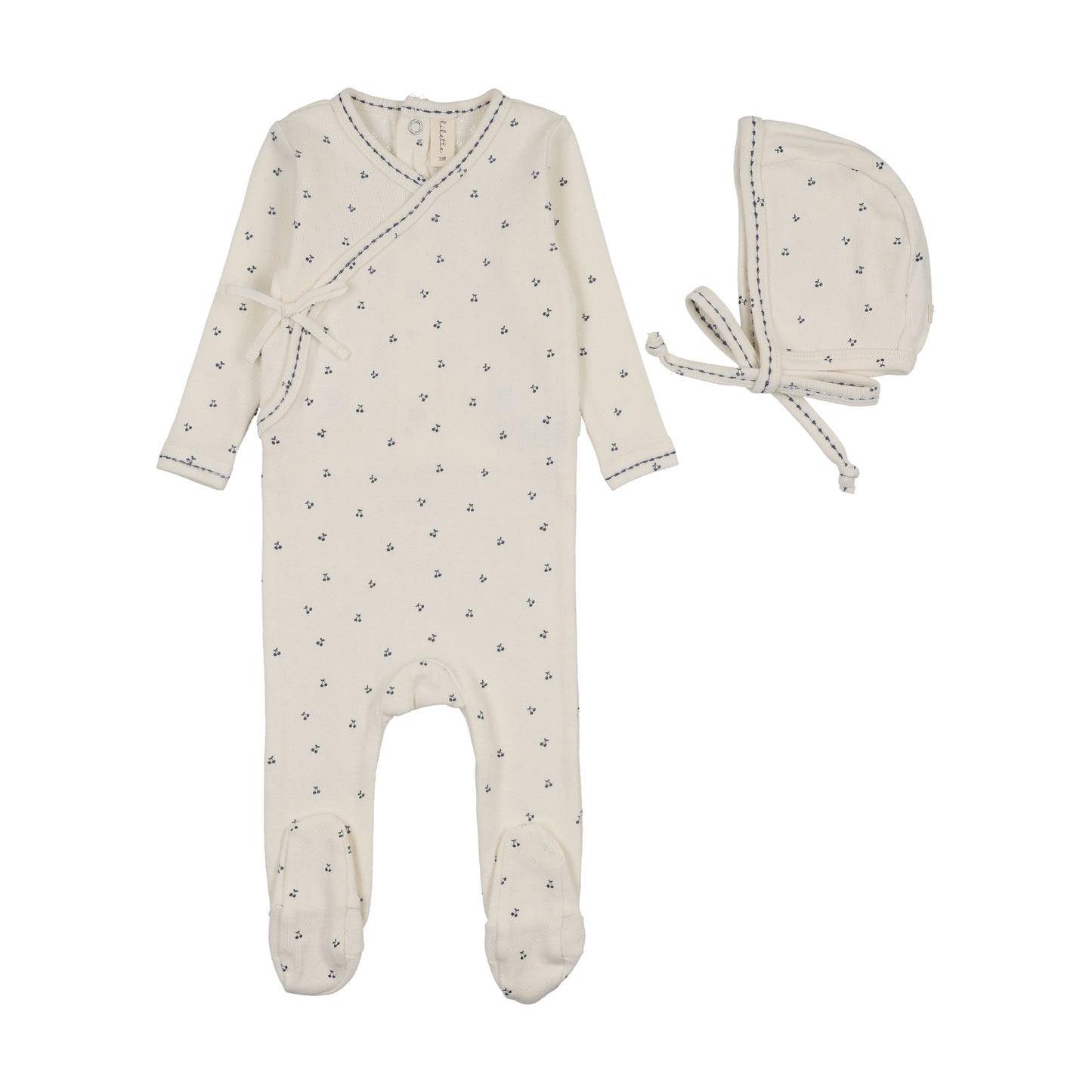 Lilette Cherry Scallop Footie+Hat- Cream/Blue