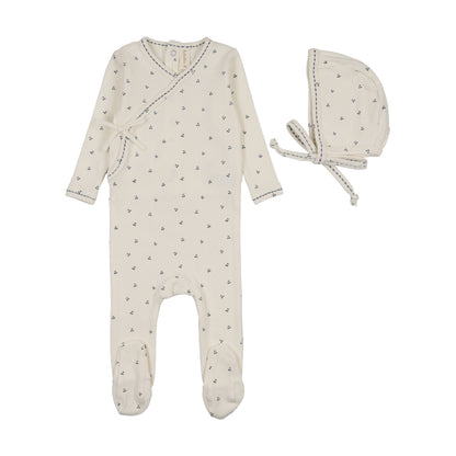 Lilette Cherry Scallop Footie+Hat- Cream/Blue