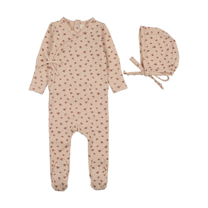 Lilette Printed Wrapover Footie+Bonnet- Petal
