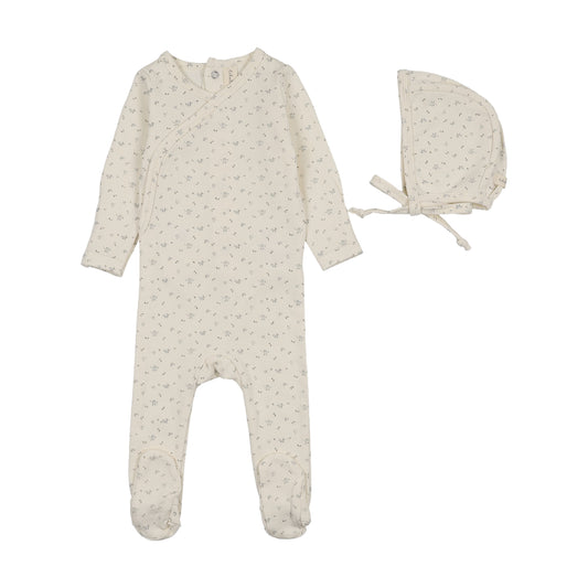 Lilette Printed Wrapover Footie+Bonnet- Cream/Blue