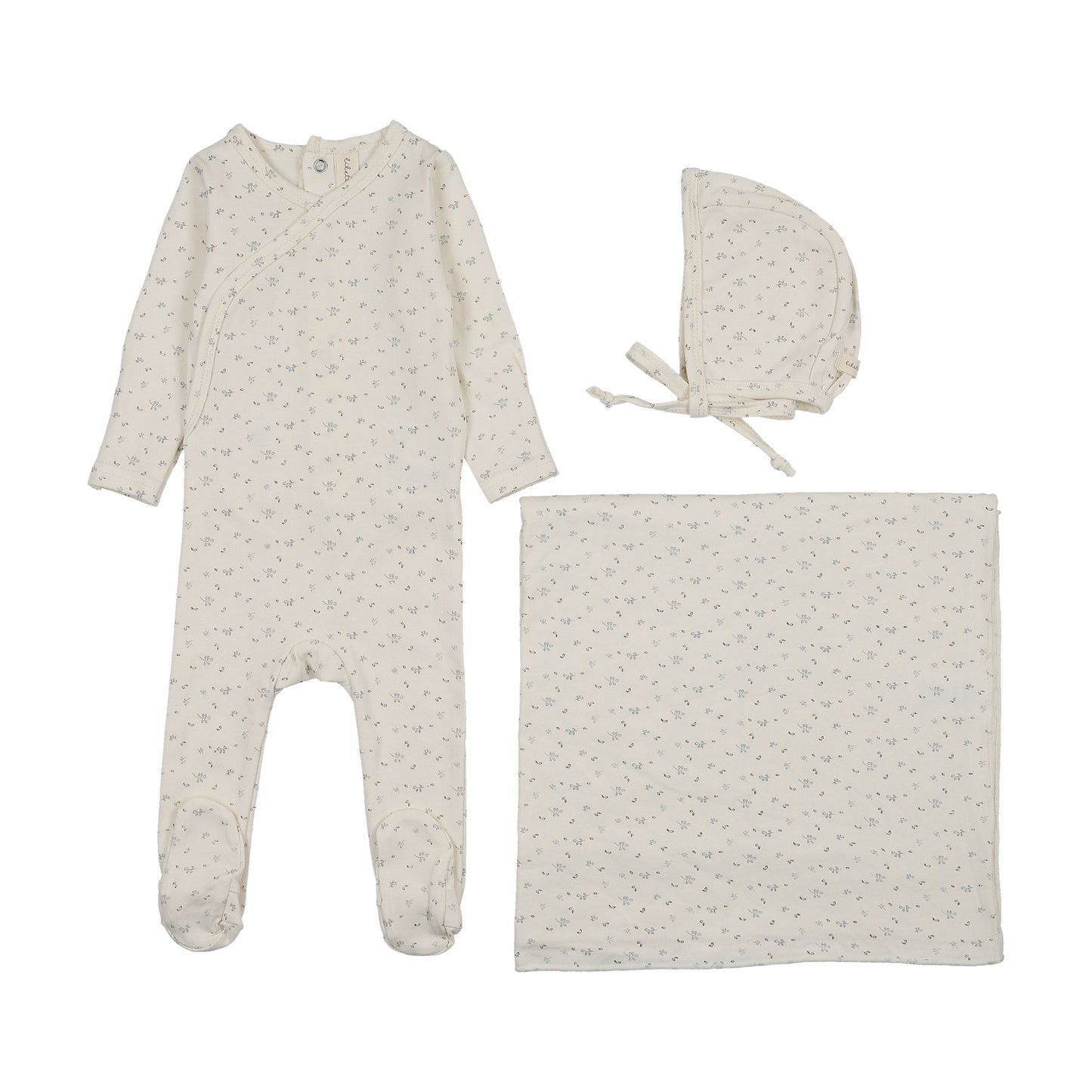 Lilette Printed Wrapover Layette Set- Cream/Blue