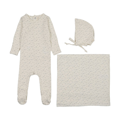 Lilette Printed Wrapover Layette Set- Cream/Blue