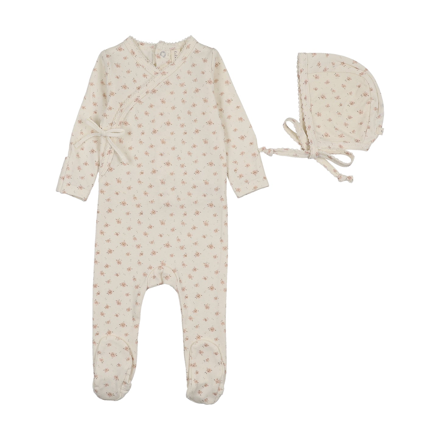 Lilette Printed Wrapover Footie+Bonnet- Cream/Pink