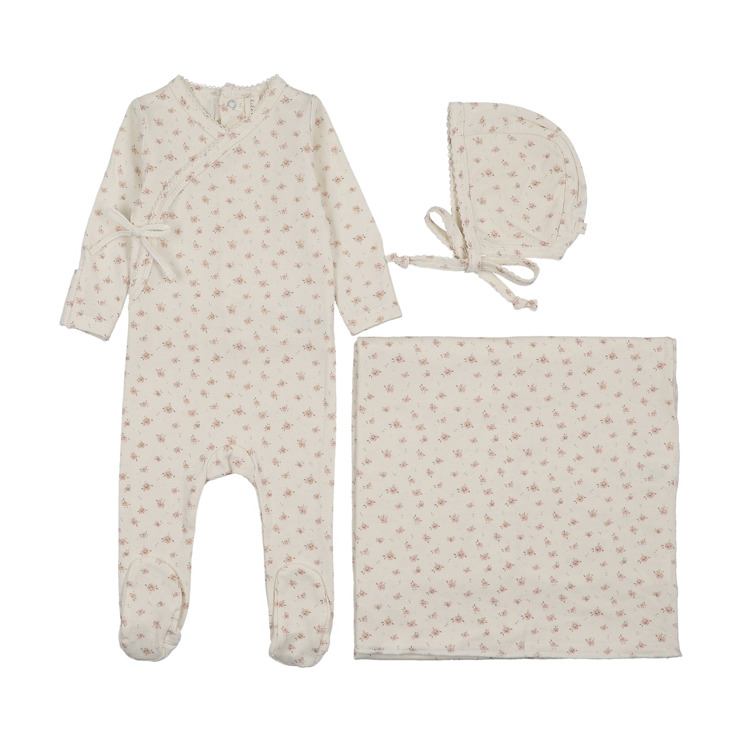 Lilette Printed Wrapover Layette Set- Cream-Pink