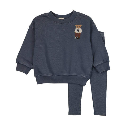 Lil Legs Embroidered Bear Sweatshirt Set - Boy - Vintage Indigo