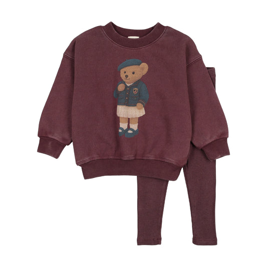 Lil Legs Bear Sweatshirt Set Girl - Washed Burgundy