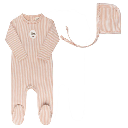 Aurora Pink Cotton French Terry Rocking Horse Footie+Bonnet