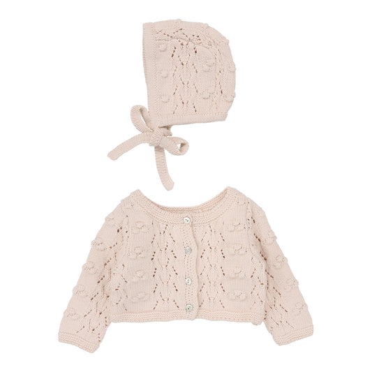 Lilette Popcorn Weave Cardigan + Hat - Petal