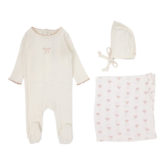 Lilette Pointelle Graphic Bow Layette Set-Cream/Pink
