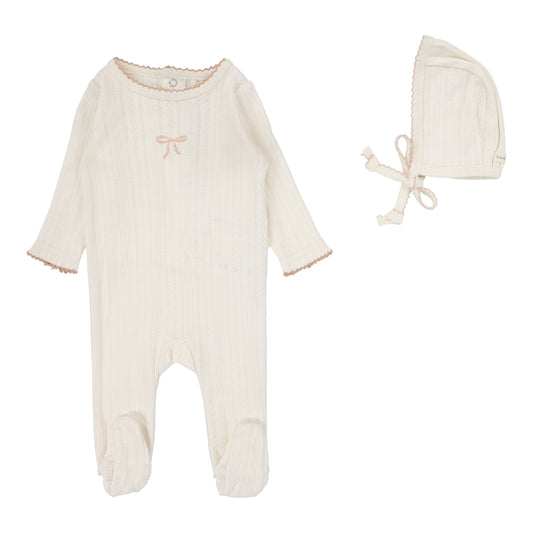 Lilette Pointelle Graphic Bow Footie+Hat-Cream/Pink