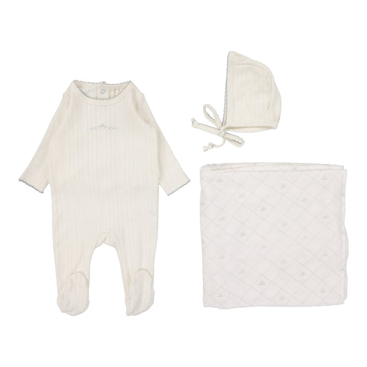 Lilette Pointelle Graphic Layette Set-Cream/Blue Crown