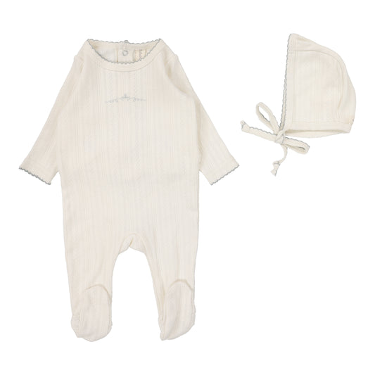 Lilette  Pointelle Graphic Footie+Hat - Cream/Blue Crown
