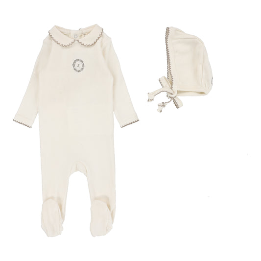 Lilette Emblem Embroidered Footie+Hat-Cream/Oat