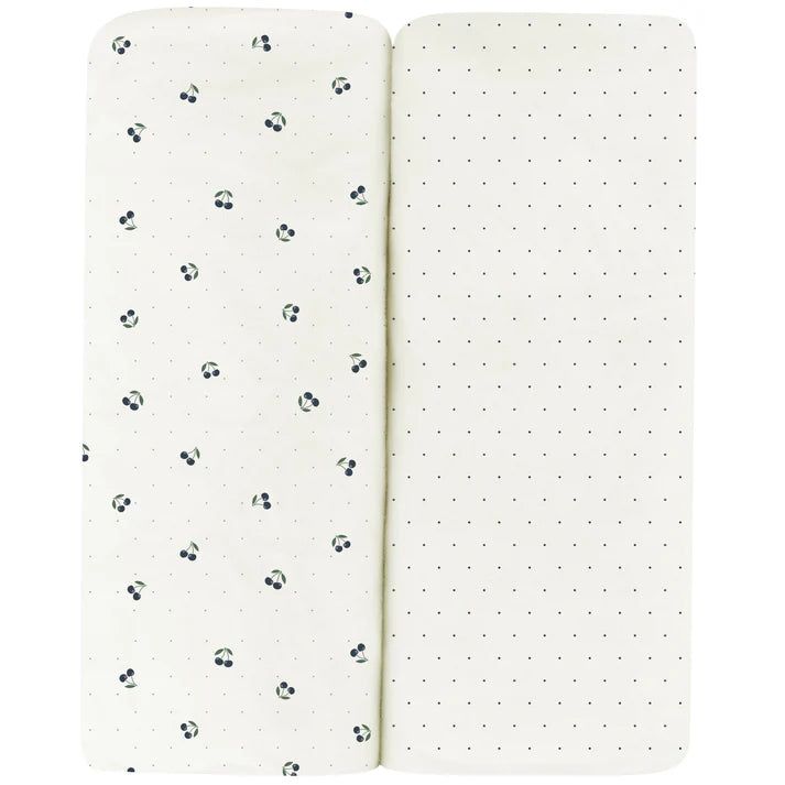Aurora 2 Pack Cherry Print Bassinet Sheets- Blue