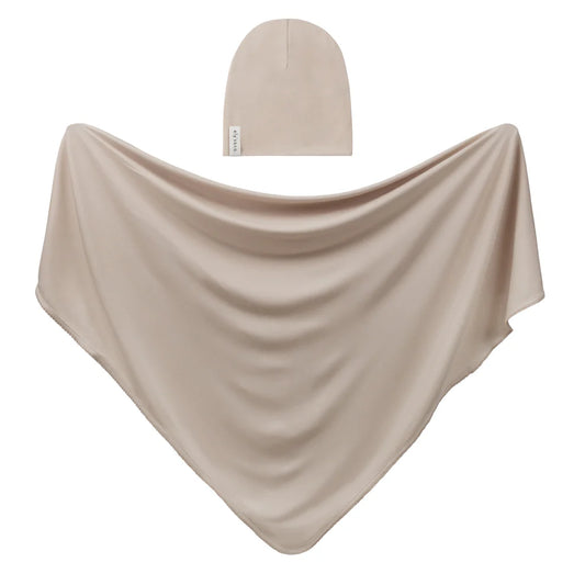 Ely's and Co Modal Swaddle + Beanie Set in Gift Box Tan