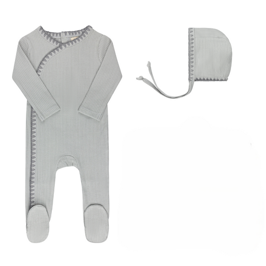 Ely's and Co Blue Whip Stitch Collection Footie + Bonnet